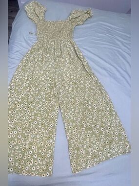 Smocked Square-Neck Wide-Leg Jumpsuit in Sage Daisy